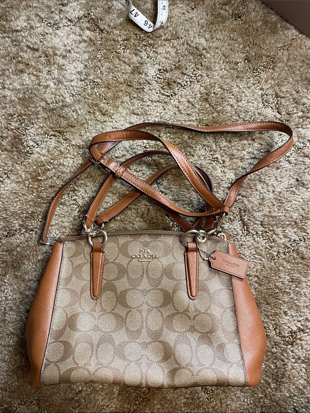 COACH Crossbody Bag CHRISTIE CARRYALL IN SIGNATURE Khaki/saddle- Excellent